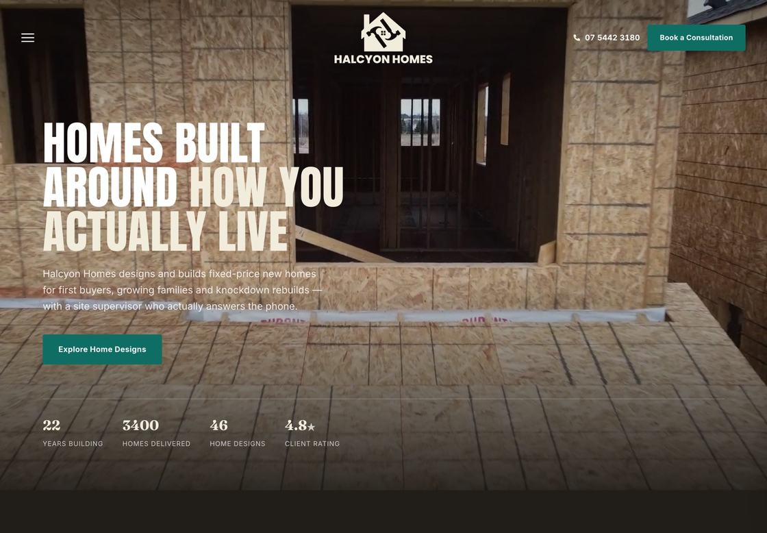 Halcyon Homes website homepage