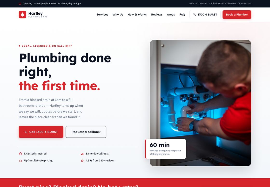 Hartley Plumbing & Gas website homepage